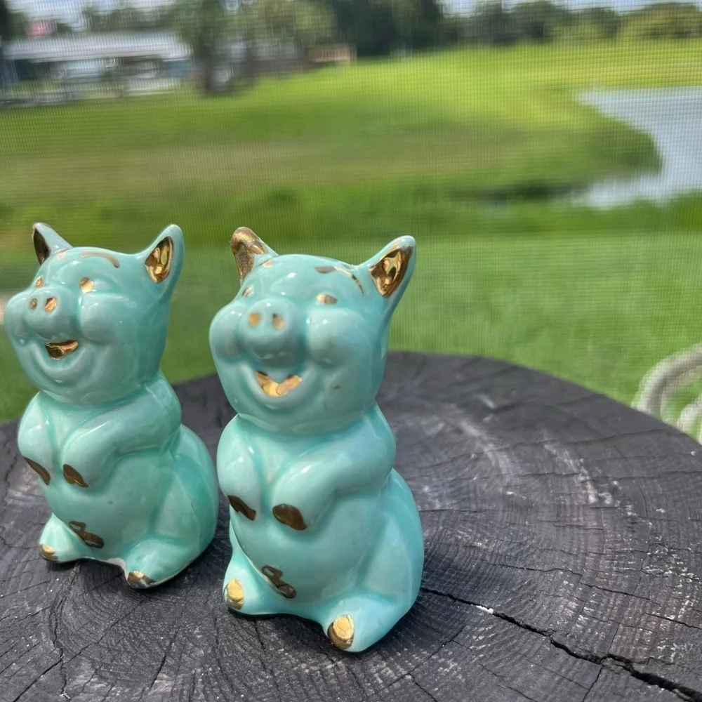 2-Vintage Green Gold Trim Little Pig Salt Shakers - Picture 3 of 12